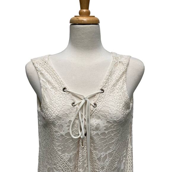 Altar’d State Tent Mini Dress Sz Lg Ivory Tie Neck Lace Crochet Boho Festival - Picture 2 of 10